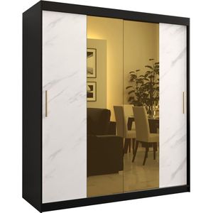 Zweefdeurkast met spiegel Kledingkast met 2 schuifdeuren Garderobekast slaapkamerkast Kledingstang met planken (LxHxP): 180x200x62 cm - Denlo T1 (Zwart + Wit, 180)