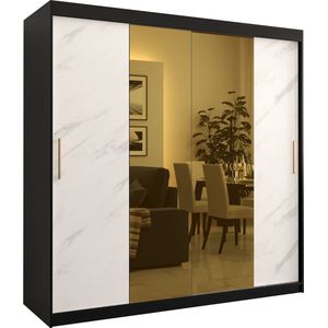 Zweefdeurkast met spiegel Kledingkast met 2 schuifdeuren Garderobekast slaapkamerkast Kledingstang met planken (LxHxP): 200x200x62 cm - Denlo T1 (Zwart + Wit, 200)