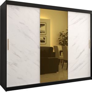 Zweefdeurkast met spiegel Kledingkast met 3 schuifdeuren Garderobekast slaapkamerkast Kledingstang met planken (LxHxP): 250x200x62 cm - Denlo T1 (Zwart + Wit, 250)