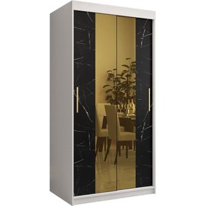 Zweefdeurkast met spiegel Kledingkast met 2 schuifdeuren Garderobekast slaapkamerkast Kledingstang met planken (LxHxP): 100x200x62 cm - Denlo T1 (Wit + Zwart, 100)