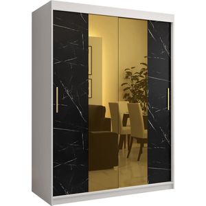 Zweefdeurkast met spiegel Kledingkast met 2 schuifdeuren Garderobekast slaapkamerkast Kledingstang met planken (LxHxP): 150x200x62 cm - Denlo T1 (Wit + Zwart, 150)