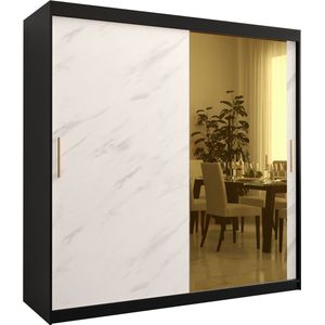 Zweefdeurkast met spiegel Kledingkast met 2 schuifdeuren Garderobekast slaapkamerkast Kledingstang met planken (LxHxP): 200x200x62 cm - Denlo T2 (Zwart + Wit, 200)