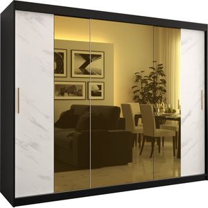 Zweefdeurkast met spiegel Kledingkast met 3 schuifdeuren Garderobekast slaapkamerkast Kledingstang met planken (LxHxP): 250x200x62 cm - Denlo T2 (Zwart + Wit, 250)