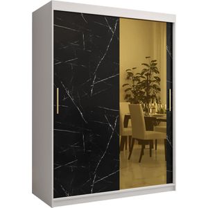 Zweefdeurkast met spiegel Kledingkast met 2 schuifdeuren Garderobekast slaapkamerkast Kledingstang met planken (LxHxP): 150x200x62 cm - Denlo T2 (Wit + Zwart, 150)
