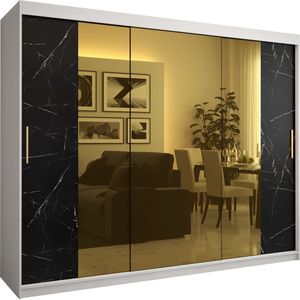 Zweefdeurkast met spiegel Kledingkast met 3 schuifdeuren Garderobekast slaapkamerkast Kledingstang met planken (LxHxP): 250x200x62 cm - Denlo T2 (Wit + Zwart, 250)