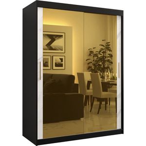 Zweefdeurkast met spiegel Kledingkast met 2 schuifdeuren Garderobekast slaapkamerkast Kledingstang met planken (LxHxP): 150x200x62 cm - Denlo T3 (Zwart + Wit, 150)