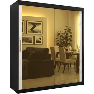 Zweefdeurkast met spiegel Kledingkast met 2 schuifdeuren Garderobekast slaapkamerkast Kledingstang met planken (LxHxP): 180x200x62 cm - Denlo T3 (Zwart + Wit, 180)