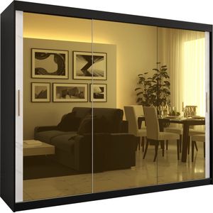 Zweefdeurkast met spiegel Kledingkast met 3 schuifdeuren Garderobekast slaapkamerkast Kledingstang met planken (LxHxP): 250x200x62 cm - Denlo T3 (Zwart + Wit, 250)