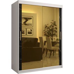 Zweefdeurkast met spiegel Kledingkast met 2 schuifdeuren Garderobekast slaapkamerkast Kledingstang met planken (LxHxP): 150x200x62 cm - Denlo T3 (Wit + Zwart, 150)