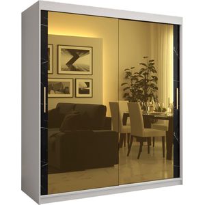 Zweefdeurkast met spiegel Kledingkast met 2 schuifdeuren Garderobekast slaapkamerkast Kledingstang met planken (LxHxP): 180x200x62 cm - Denlo T3 (Wit + Zwart, 180)