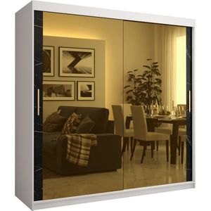 Zweefdeurkast met spiegel Kledingkast met 2 schuifdeuren Garderobekast slaapkamerkast Kledingstang met planken (LxHxP): 200x200x62 cm - Denlo T3 (Wit + Zwart, 200)