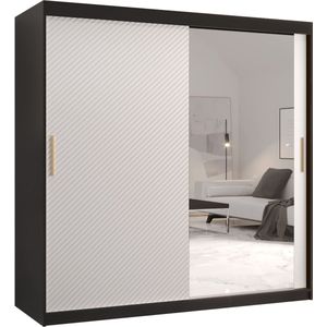 Zweefdeurkast met spiegel Kledingkast met 2 schuifdeuren Garderobekast slaapkamerkast Kledingstang met planken (LxHxP): 180x200x62 cm - Rikid J2 (Zwart + Wit, 180) met lades