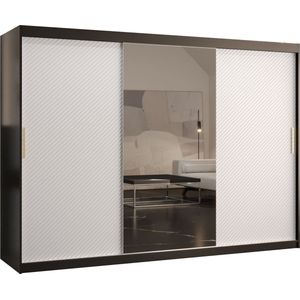 Zweefdeurkast met spiegel Kledingkast met 3 schuifdeuren Garderobekast slaapkamerkast Kledingstang met planken (LxHxP): 250x200x62 cm - Rikid J2 (Zwart + Wit, 250)