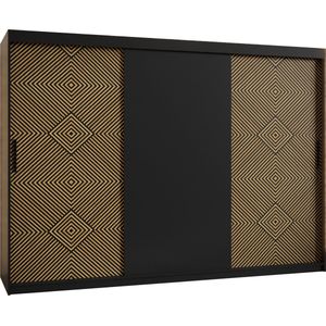 Zweefdeurkast Kledingkast met 3 schuifdeuren Garderobekast slaapkamerkast Kledingstang met planken (LxHxP): 250x250x62 cm - MARIA (Zwart en geometrische patronen, 250) met lades