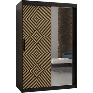 Zweefdeurkast met spiegel Kledingkast met 2 schuifdeuren Garderobekast slaapkamerkast Kledingstang met planken (LxHxP): 120x200x62 cm - MARIA II (Zwart en geometrische patronen, 120)