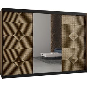 Zweefdeurkast met spiegel Kledingkast met 3 schuifdeuren Garderobekast slaapkamerkast Kledingstang met planken (LxHxP): 250x200x62 cm - MARIA II (Zwart en geometrische patronen, 250) met lades