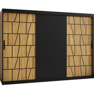 Zweefdeurkast Kledingkast met 3 schuifdeuren Garderobekast slaapkamerkast Kledingstang met planken (LxHxP): 250x250x62 cm - LIMOS (Zwart en geometrische patronen, 250) met lades