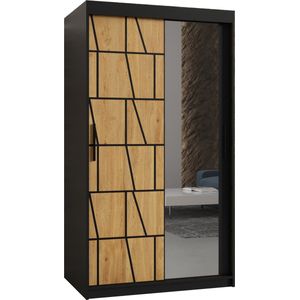 Zweefdeurkast met spiegel Kledingkast met 2 schuifdeuren Garderobekast slaapkamerkast Kledingstang met planken (LxHxP): 100x200x62 cm - LIMOS II (Zwart en geometrische patronen, 100)