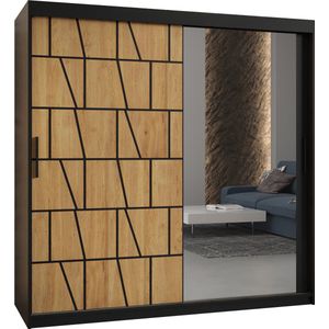 Zweefdeurkast met spiegel Kledingkast met 2 schuifdeuren Garderobekast slaapkamerkast Kledingstang met planken (LxHxP): 180x200x62 cm - LIMOS II (Zwart en geometrische patronen, 180)