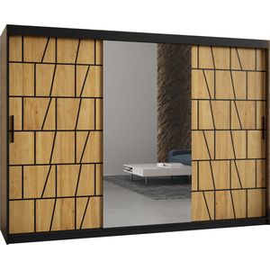 Zweefdeurkast met spiegel Kledingkast met 3 schuifdeuren Garderobekast slaapkamerkast Kledingstang met planken (LxHxP): 250x200x62 cm - LIMOS II (Zwart en geometrische patronen, 250) met lades