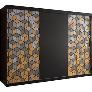 Zweefdeurkast Kledingkast met 3 schuifdeuren Garderobekast slaapkamerkast Kledingstang met planken (LxHxP): 250x250x62 cm - LITAI (Zwart en geometrische patronen, 250) met lades