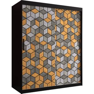 Zweefdeurkast Kledingkast met 2 schuifdeuren Garderobekast slaapkamerkast Kledingstang met planken (LxHxP): 150x200x62 cm - LITAI I (Zwart en geometrische patronen, 150) met lades