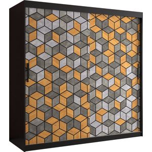 Zweefdeurkast Kledingkast met 2 schuifdeuren Garderobekast slaapkamerkast Kledingstang met planken (LxHxP): 180x200x62 cm - LITAI I (Zwart en geometrische patronen, 180)