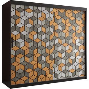 Zweefdeurkast Kledingkast met 2 schuifdeuren Garderobekast slaapkamerkast Kledingstang met planken (LxHxP): 200x200x62 cm - LITAI I (Zwart en geometrische patronen, 200) met lades