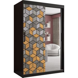 Zweefdeurkast met spiegel Kledingkast met 2 schuifdeuren Garderobekast slaapkamerkast Kledingstang met planken (LxHxP): 120x200x62 cm - LITAI II (Zwart en geometrische patronen, 120)