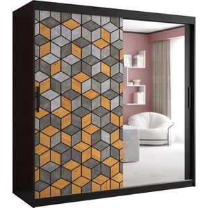 Zweefdeurkast met spiegel Kledingkast met 2 schuifdeuren Garderobekast slaapkamerkast Kledingstang met planken (LxHxP): 180x200x62 cm - LITAI II (Zwart en geometrische patronen, 180)