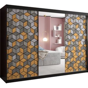 Zweefdeurkast met spiegel Kledingkast met 3 schuifdeuren Garderobekast slaapkamerkast Kledingstang met planken (LxHxP): 250x200x62 cm - LITAI II (Zwart en geometrische patronen, 250)