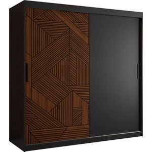 Zweefdeurkast Kledingkast met 2 schuifdeuren Garderobekast slaapkamerkast Kledingstang met planken (LxHxP): 180x200x62 cm - MAKARIA (Zwart houtpatroon + geometrische lijnen, 180)