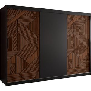 Zweefdeurkast Kledingkast met 3 schuifdeuren Garderobekast slaapkamerkast Kledingstang met planken (LxHxP): 250x250x62 cm - MAKARIA (Zwart houtpatroon + geometrische lijnen, 250) met lades