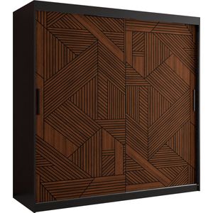 Zweefdeurkast Kledingkast met 2 schuifdeuren Garderobekast slaapkamerkast Kledingstang met planken (LxHxP): 180x200x62 cm - MAKARIA I (Zwart houtpatroon + geometrische lijnen, 180)