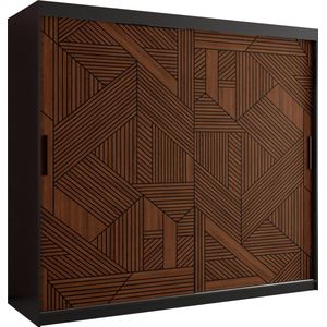 Zweefdeurkast Kledingkast met 2 schuifdeuren Garderobekast slaapkamerkast Kledingstang met planken (LxHxP): 200x200x62 cm - MAKARIA I (Zwart houtpatroon + geometrische lijnen, 200)