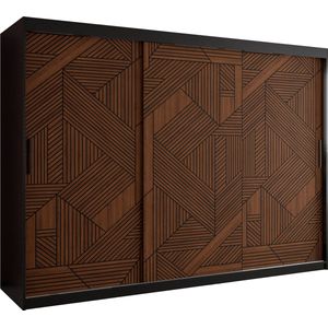 Zweefdeurkast Kledingkast met 3 schuifdeuren Garderobekast slaapkamerkast Kledingstang met planken (LxHxP): 250x200x62 cm - MAKARIA I (Zwart houtpatroon + geometrische lijnen, 250)