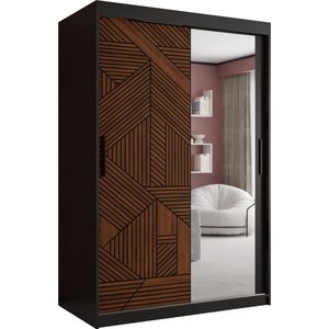 Zweefdeurkast met spiegel Kledingkast met 2 schuifdeuren Garderobekast slaapkamerkast Kledingstang met planken (LxHxP): 120x200x62 cm - MAKARIA II (Zwart houtpatroon + geometrische lijnen, 120)