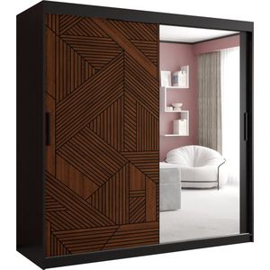 Zweefdeurkast met spiegel Kledingkast met 2 schuifdeuren Garderobekast slaapkamerkast Kledingstang met planken (LxHxP): 180x200x62 cm - MAKARIA II (Zwart houtpatroon + geometrische lijnen, 180)