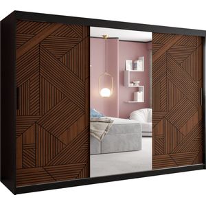 Zweefdeurkast met spiegel Kledingkast met 3 schuifdeuren Garderobekast slaapkamerkast Kledingstang met planken (LxHxP): 250x200x62 cm - MAKARIA II (Zwart houtpatroon + geometrische lijnen, 250)