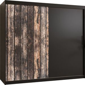 Zweefdeurkast Kledingkast met 2 schuifdeuren Garderobekast slaapkamerkast Kledingstang met planken (LxHxP): 200x200x62 cm - PASTEUR (Zwart + oud houtpatroon, 200)