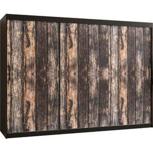 Zweefdeurkast Kledingkast met 3 schuifdeuren Garderobekast slaapkamerkast Kledingstang met planken (LxHxP): 250x200x62 cm - PASTEUR I (Zwart + oud houtpatroon, 250) met lades