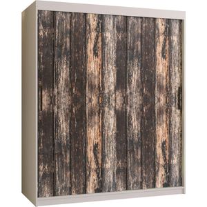 Zweefdeurkast Kledingkast met 2 schuifdeuren Garderobekast slaapkamerkast Kledingstang met planken (LxHxP): 150x200x62 cm - PASTEUR I (Wit + oud houtpatroon, 150) met lades