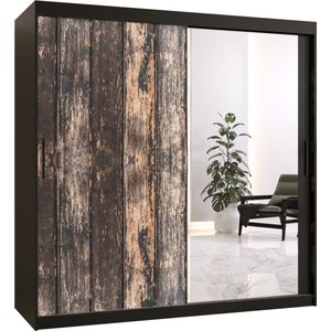 Zweefdeurkast met spiegel Kledingkast met 2 schuifdeuren Garderobekast slaapkamerkast Kledingstang met planken (LxHxP): 180x200x62 cm - PASTEUR II (Zwart + oud houtpatroon, 180)
