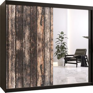 Zweefdeurkast met spiegel Kledingkast met 2 schuifdeuren Garderobekast slaapkamerkast Kledingstang met planken (LxHxP): 200x200x62 cm - PASTEUR II (Zwart + oud houtpatroon, 200)