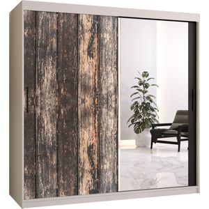 Zweefdeurkast met spiegel Kledingkast met 2 schuifdeuren Garderobekast slaapkamerkast Kledingstang met planken (LxHxP): 180x200x62 cm - PASTEUR II (Wit + oud houtpatroon, 180)