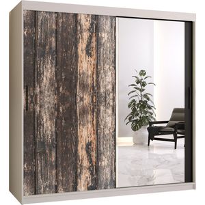 Zweefdeurkast met spiegel Kledingkast met 2 schuifdeuren Garderobekast slaapkamerkast Kledingstang met planken (LxHxP): 180x200x62 cm - PASTEUR II (Wit + oud houtpatroon, 180) met lades