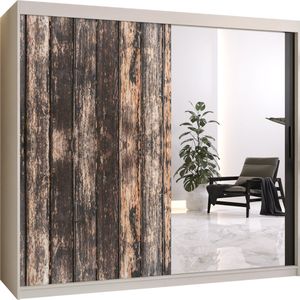 Zweefdeurkast met spiegel Kledingkast met 2 schuifdeuren Garderobekast slaapkamerkast Kledingstang met planken (LxHxP): 200x200x62 cm - PASTEUR II (Wit + oud houtpatroon, 200)
