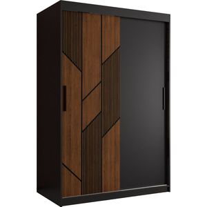 Zweefdeurkast Kledingkast met 2 schuifdeuren Garderobekast slaapkamerkast Kledingstang met planken (LxHxP): 120x200x62 cm - SEMELE (Zwart + houtpatroon met geometrische lijnen, 120)