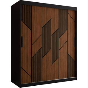 Zweefdeurkast Kledingkast met 2 schuifdeuren Garderobekast slaapkamerkast Kledingstang met planken (LxHxP): 150x200x62 cm - SEMELE I (Zwart + houtpatroon met geometrische lijnen, 150)