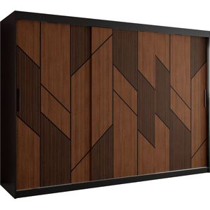 Zweefdeurkast Kledingkast met 3 schuifdeuren Garderobekast slaapkamerkast Kledingstang met planken (LxHxP): 250x200x62 cm - SEMELE I (Zwart + houtpatroon met geometrische lijnen, 250)